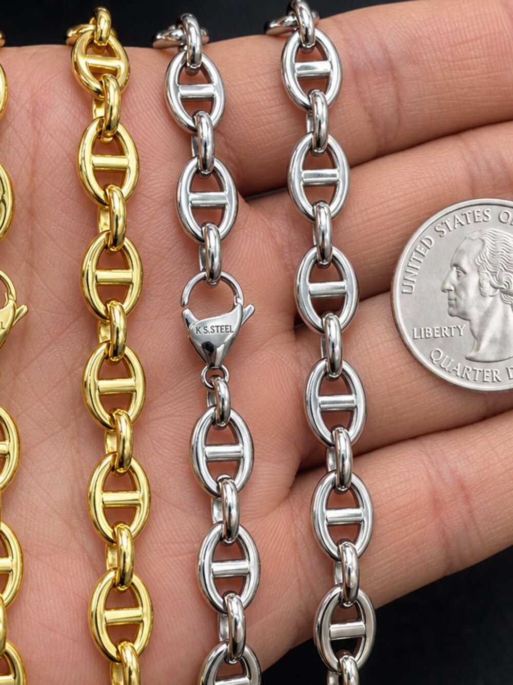 316L Stainless Steel 18k Gold Plated 8mm Mariner Chain Necklace Bracelet 8”-24”